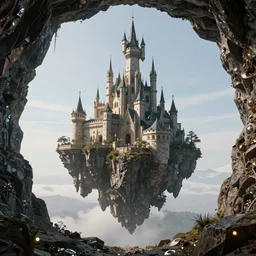 castle floating high mountains inside hollow jewelry mine, fireflies, clean sky, hight contrast, void, 8 k resolution, unreal engine 5, hyper - detailed, perspective view, 2 4 mm lens, by simon bisley, beeple, justin gerard