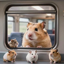 photo of a hamster inside a train, looking out of a train window, various poses, unedited, soft light, sharp focus, 8 k