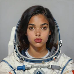 a portrait of a very WOC beautiful woman in a spacesuit, brown eyes, shoulder-length black hair, red lips, bored, illustration, soft lighting, soft details, painting oil on canvas by mark arian by artgerm, trending on artstation, 4k, 8k, HD