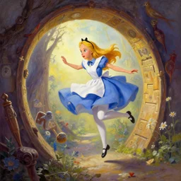 alice in wonderland looking into a portal hopping and time warping with reckless abandon, masterpiece digital painting by Thomas Kinkade and Greg Rutkowski, artstation, 4k wallpaper