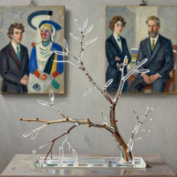 handmade clear plaxiglass sculpture connected by branches and twigs, in a painting made by yves tanguy, painting by kay sage, by nate boyce, digital sculpture, by tyler edlin and jean delville, by john berkey and filip hodas, highly detailed, soft lighting, rendered in octane, oil on canvas