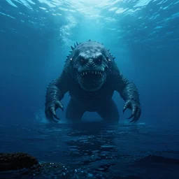 a huge monster staring at your from under the waves of the huge empty ocean