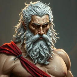 painted portrait of rugged zeus, god of thunder, greek god, white hair, masculine, mature, handsome, upper body, red and gold, muscular, hairy torso, fantasy, intricate, elegant, highly detailed, digital painting, artstation, concept art, smooth, sharp focus, illustration, art by gaston bussiere and alphonse mucha