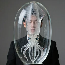 a formal portrait photograph of a human being trapped inside a crystal squid. fine filigree engravings cover the glassy surface.