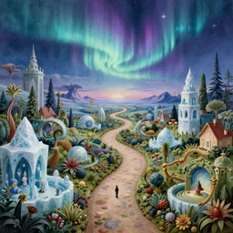 a whimsical elite masterpiece mysterious sci - fi fantasy realism matte painting of a winding path through arctic dream worlds with surreal landscape and horizon inspired by heironymous bosch's garden of earthly delights, surreal ice interiors by asher durand and cyril rolando and natalie shau, insanely detailed and intricate, elegant, northern lights