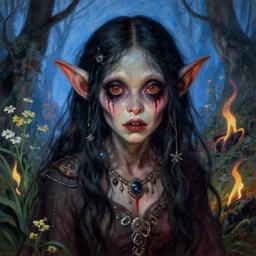 a pretty but sinister and creepy goblin in layers of fear, with haunted eyes, violence in her eyes, 1 9 7 0 s, seventies, delicate embellishments, a little blood, woodland on fire, blue dawn light shining on wildflowers, painterly, offset printing technique, by walter popp, alexandre cabanel