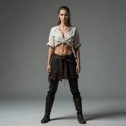 full body portrait, thin but strong viking samurai woman, open shirt, 6 pack, symmetrical beautiful face, relaxed pose,