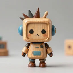 cute funny kawai figurine wooden, robot punk futuriste