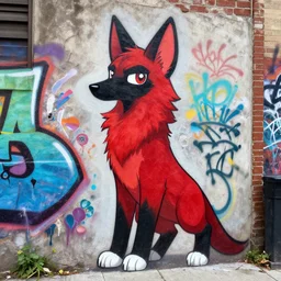 photo [ far ], subject [ furry _ fandom _ fursona _ original _ character ( red - and - black _ fur, anubis _ weasel ) ], medium [ graffiti, wall ], location [ chicago ( alley ) ]