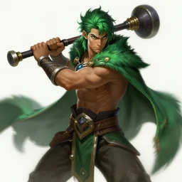 a highly detailed illustration of fierce attractive young tanned green haired tribal boy wearing green wolf cape, heroic wielding club pose, muscular, intricate, elegant, highly detailed, centered, digital painting, artstation, concept art, smooth, sharp focus, league of legends concept art, wlop