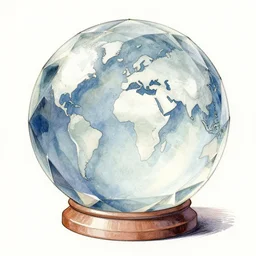 a 1988 watercolor and ink illustration of an intricate and faceted crystal ball with a world inside of it + dissolving in to light + prism + god rays + dramatic lightning + backlit + specular + caustics
