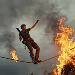 a man balancing on a rope, fire burning, trending on artstation, by beksinski, giger, greg rutkowski, ultra realistic