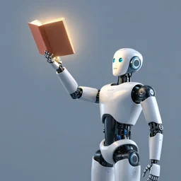 the humanoid robot is raising one arm that is holding a glowing book in the air