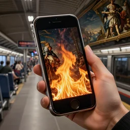A phone on fire in a train station, Baroque painting, Highly Detailed