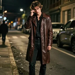 Professional full body portrait of a dishevelled young man in a street at night. He is wearing a leather coat and he looks very tired and nervous. 4K, dramatic lighting