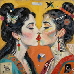 beautiful painting of two bizarre psychedelic women kissing each other closeup in japan, speculative evolution, mixed media collage by basquiat and alex grey, magazine collage art, paper collage art, sapphic art, lesbian art