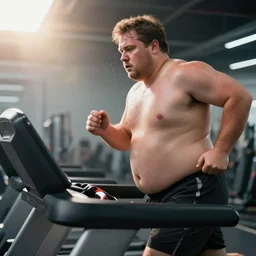 a fat man running on a treadmill heavily sweating ultra realistic, lens flare, atmosphere, glow, detailed, intricate, full of colour, cinematic lighting, trending on artstation, 4 k, hyperrealistic, focused, extreme details, unreal engine 5, cinematic, masterpiece, ultra realistic, hyper realistic, highly detailed, sharp focus, digital art