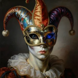a baroque neoclassicist close - up portrait of an alien jester creature gazing intensely with big glowing eyes wearing an uv blacklight retrofuturistic venetian carnival mask with iridescent butterfly wings and reflective silk at a masquerade. head, face and shoulders, foggy background. renaissance portrait painting. highly detailed science fiction painting by norman rockwell, frank frazetta, and syd mead. rich colors, high contrast, gloomy atmosphere, dark background. trending on artstation.