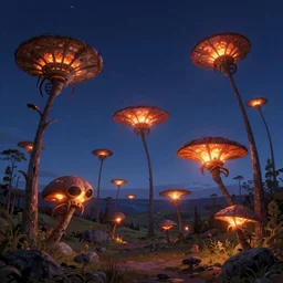 landscape image with various enormous alien fireflies, extremely detailed digital matte painting, clear skies, night, vibrant, stunning lighting