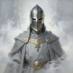 portrait of a divine helmet knight dressed in gray robes and helmet, runes, jewelry, mystical, ethereal, magical white fog, painting by greg rutkowski and alphonse mucha