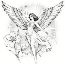 wings, goddess angel of tranquility. hyper detailed, character concept, full body, dynamic pose, intricate, lineart, cerpuscular rays, lily flower. by yoshitaka amano, alfons mucha and studio ghibli. 8 k