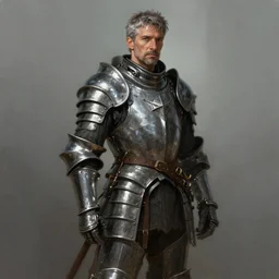 portrait of middle - aged man in banded mail, full armor, warrior, graying hair, short stubble, fantasy, medium shot, cinematic, stunning, highly detailed, digital painting, artstation, soft focus, ominous lighting, full body shot, illustration, 1 1 1 1 art by raf grassetti and hugo richard