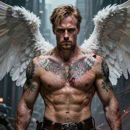 Sam Winchester as a muscular angel with religious tattoos on chest and neck, stained and bleeding, magic overlays, urban fantasy book cover style, D&D dark fantasy style, sharp focus, ultra detailed, art by Artgerm and Peter Andrew Jones, Ayami Kojima, Amano and Olivier Ledroit