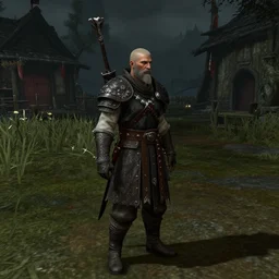 screenshot of a Skyrim NPC, dark village