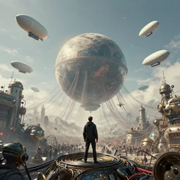 blimps in sky, dyson sphere program, by greg rutkowski, by rhads, by jesper ejsing, so many wires, sharp focus, man standing, colony, atom, crowd, steam punk