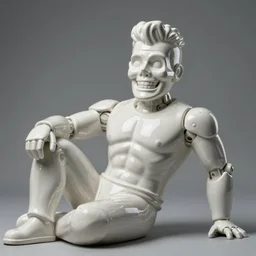 portrait of a futuristic blanco ceramic Spanish prince grinning humanoid robot with a handsome face wearing a plastic skull mask and muscular body reclining, macho, piroca, dotado, guapo, matte surface, trending on cgsociety