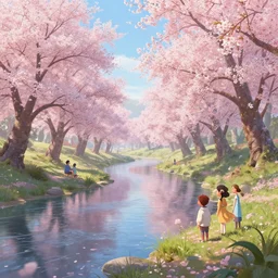 river landscape | cherry - blossoms | highly detailed | very intricate | fantasy whimsical magical | soft bright natural morning light | pixar | award - winning | matte painting by anton fadeev and paul lehr and rhads and alena aenami | pastel color palette | featured on artstation