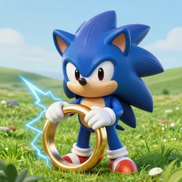 ( ( a cute face blue hedgehog holds a large gold ring with blue lightning. cover art. ) ), blue lightning!, large gold ring!, beautiful green grassland, early morning hours, long shadows, extremely detailed, fantasy painting, by jean - baptiste monge!!!!!!!