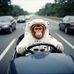 3 5 mm film, an astronaut monkey, driving on a highway full of cars at high speed, photorealistic, movie, c 7