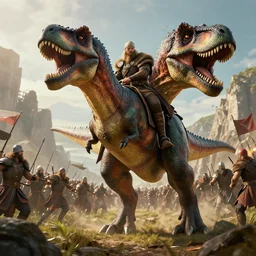 a viking riding a t-rex into battle, highly detailed, 4k, HDR, award-winning, artstation, octane render