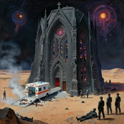 huge gothic crematorium on desert planet, elevator, side ramp entrance ambulance smoke dead bodies, guards intricate, painting by lucian freud and mark brooks, bruce pennington, dark colors, neon, death, guards, nice style culture