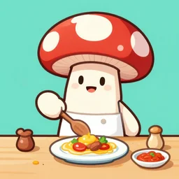 an anthropomorphic mushroom chef cooking a meal, fantasy cartoon illustration, bold colors, simple shapes, trending on artstation
