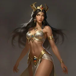 a highly detailed illustration of tanned goddess ishtar, glowing eyes, elegant seductive pose, intricate, elegant, highly detailed, centered, digital painting, artstation, concept art, smooth, sharp focus, league of legends concept art, wlop
