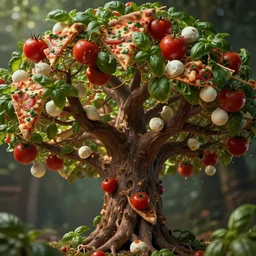 highly detailed photo of a mythical tree of pizza toppings, branches with tomatoes and mozzarella balls and basil leaves, nikon, f / 1. 2, cinematic lighting, deviantart, lowbrow, surrealism, bokeh