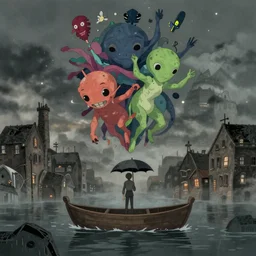 a realistic and atmospheric cell - shaded concept art from howl's moving castle ( 2 0 0 4 ) of a multi - colored alien jumping into the air. a man with an umbrella is standing in a boat in a flooded city. it is a misty starry night. very dull muted colors, hd, 4 k, hq