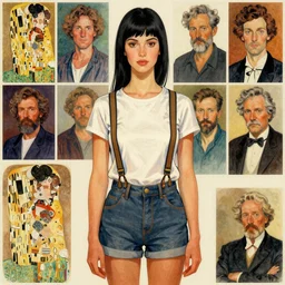 a woman with black hair and long pixie haircut in shorts with suspenders and white t-shirt drawn by amedeo modigliani, frank frazetta, gustave caillebotte, Alexandre Cabanel, norman rockwell, alphonso azpiri, maler collier, peter paul rubens, alphonse mucha, gustav klimt 4k, unreal 5, DAZ, french noveau, trending on artstation, octane render, hyperrealistic