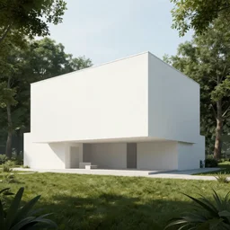minimalist architecture white with nature in back, cinematic lighting, 3 d, unreal engine
