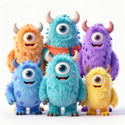 concept sheet of cute colorful 3 d family monster characters for kids assisting a concept machine, big eyes, simple smooth shapes and forms, reflective like candy, masterpiece, award - winning, intricate concept art, 8 k, artstation