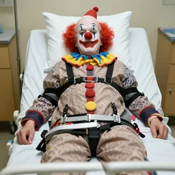 crazy elderly clown supine in hospital bed, strapped into bed with restraints, photograph, 8 k