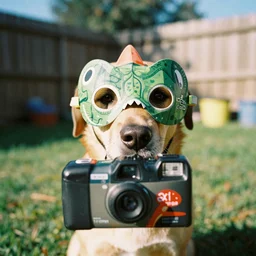 a dog wearing a goofy cheap dinosaur mask, disposable camera photograph, casual, backyard, midday, sunny, funny photo