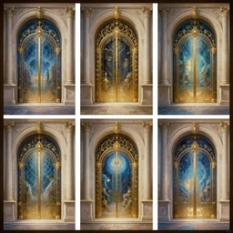 centralized triptych style paintings showing walls with magic gates to another world, sharp focus, digital, sectioned in thirds, architecture, detailed, elegant artist greg rutkowski