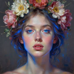 a beautiful oil painting hyperrealism of a beautiful woman, close up face, flowers, floral headdress, 8 k resolution, octane render, trending on artstation, by gediminas pranckevicius, volumetric light 2 blue fractal thunder glow by dan mumford, anaglyph effect, laurie lipton