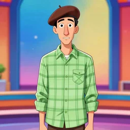 extremely detailed illustration of a thin guy with a big nose and an overbite wearing a brown beret and a palid green plaid shirt stand up participating on a tv show, coloful, vibrant colors, symmetrical, anatomically correct, Trending on Artstation, HQ, deviantart, art by artgem