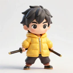 a chibi combat kid wearing a puffy yellow jacket and a katana, smooth, intricate, elegant, digital painting, artstation, concept art, sharp focus, octane render, illustration, art by ayami kojima, overwatch character,