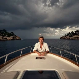 wide shot of brad pitt on a boat  in mallorca