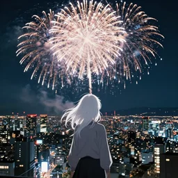 firework in the sky, white hair girl, by kyoto animation, insanely detailed. instagram photo, kodak portra. by wlop, ilya kuvshinov, krenz cushart, greg rutkowski, pixiv. zbrush sculpt, octane, maya, houdini, vfx. huge cityscape. cinematic dramatic atmosphere, sharp focus, volumetric lighting